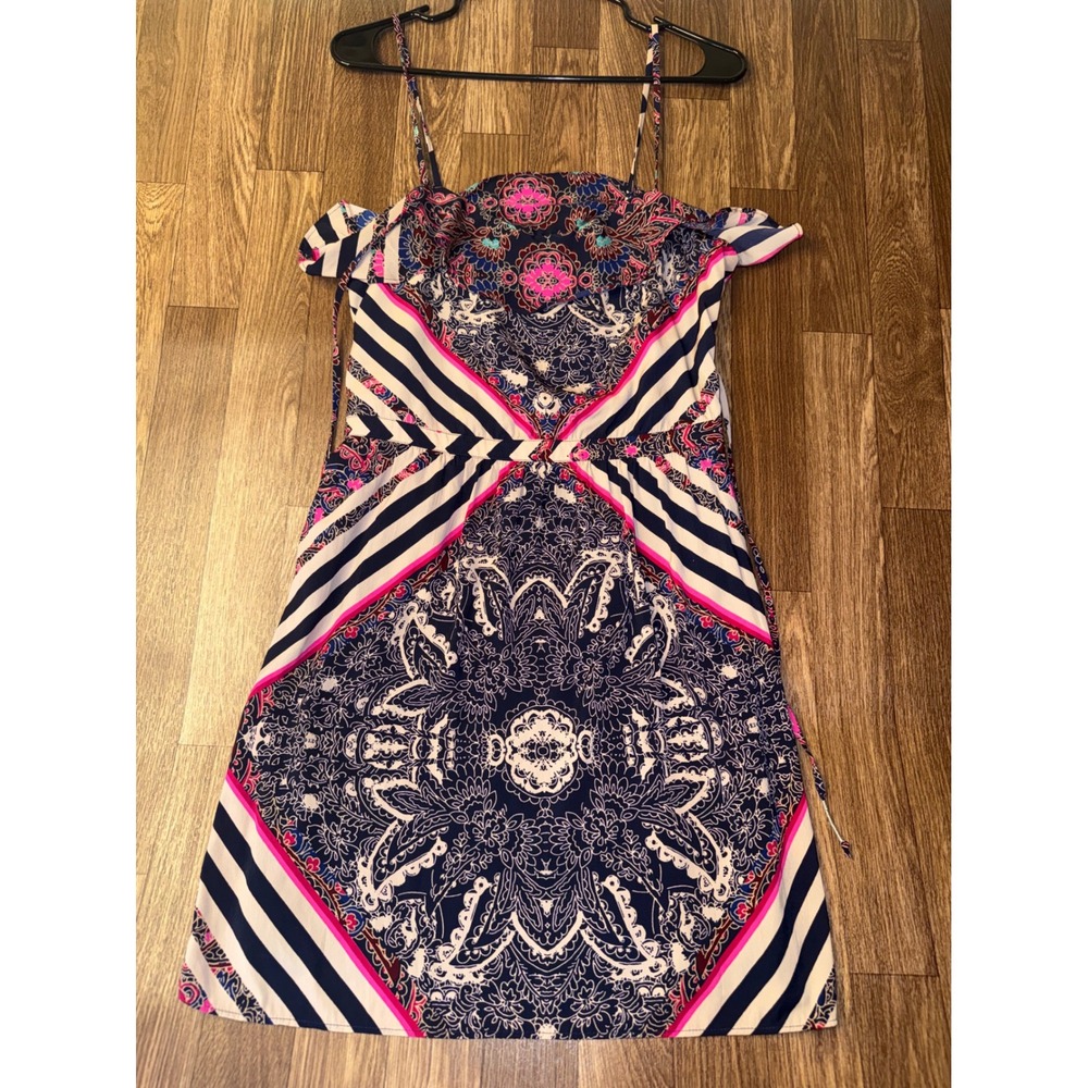 American Eagle Outfitters Navy Pink Paisley Geometric Ruffle Mini Dress Size 6